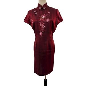 Vtg 90s Red Satin Cheongsam Dress Embroidered Whimsigoth Retro Sexy‎